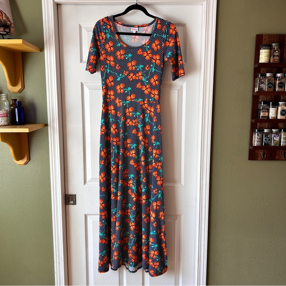 LuLaRoe Orange Floral & Teal Polka Dot Maxi Dress size S RN# 142161